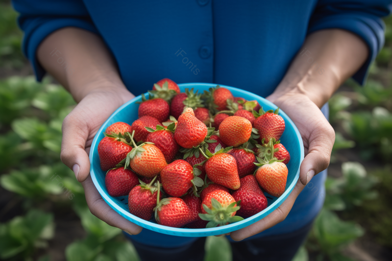 绿色果蔬大棚里农夫端着一盆红色草莓,高清,摄影图,摄影图片,图片大全,摄影图免费下载